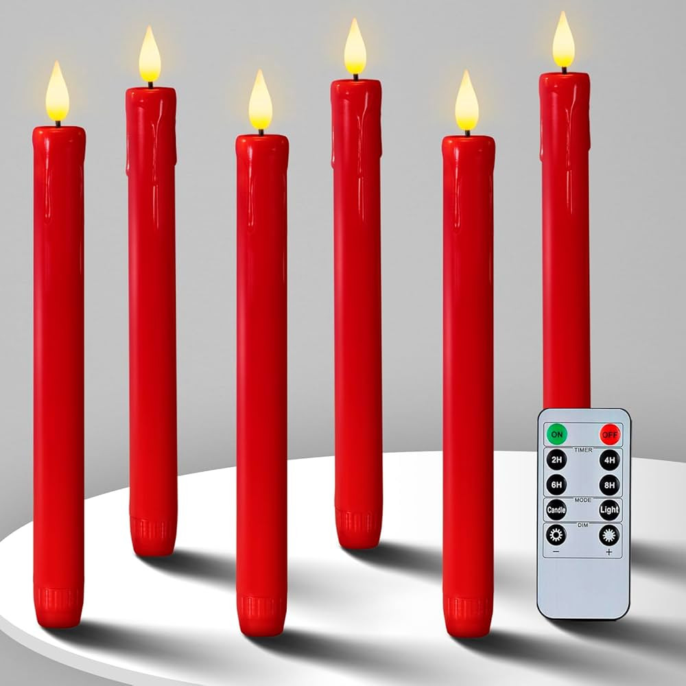 Homemory 6 Pcs Flameless Taper Candles with Remote Timer Dimmer, Red Battery Operated Candlestick... | Amazon (US)