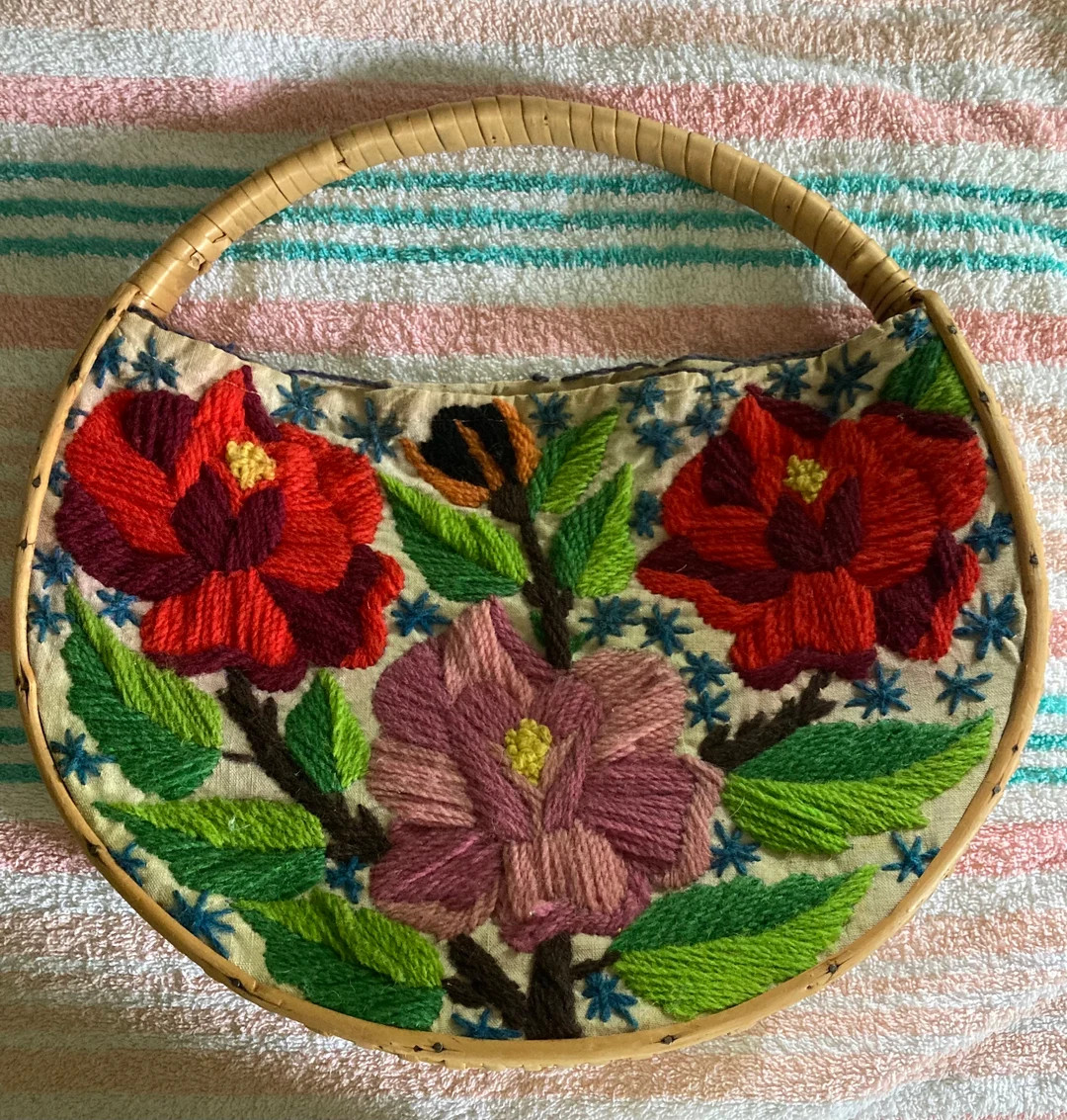 Vintage Handbag Crewel Flowers Wicker Wool Canvas Handmade 1940s Red Burgundy Mauve Pink Marine B... | Etsy (US)