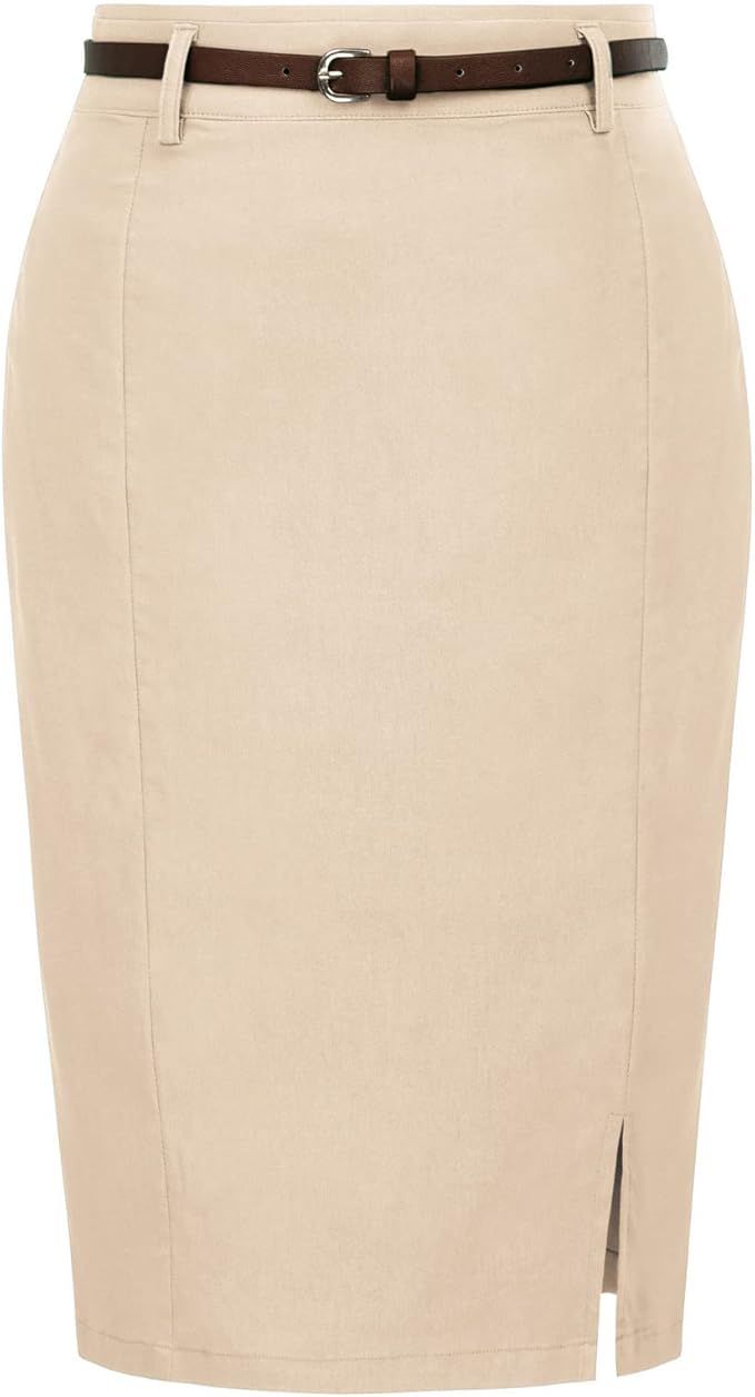 Kate Kasin Women's Bodycon Pencil Skirt with Belt Solid Color Hip-Wrapped | Amazon (US)