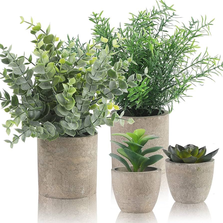 ALAGIRLS 4 Packs Fake Plants Small Artificial Plants Indoor Eucalyptus Rosemary Succulents Plants... | Amazon (US)