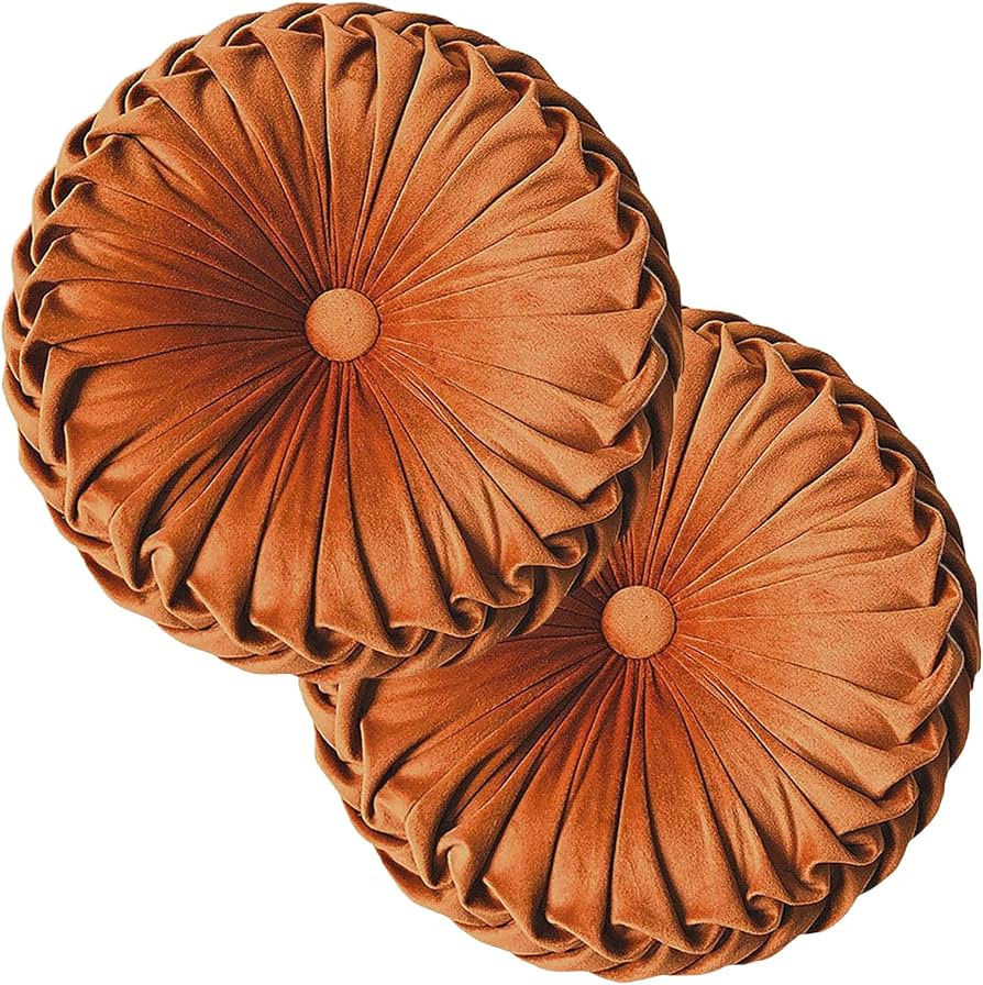 Teieas 2 Pcs Round Throw Pillows Decorative Velvet Pleated Pillow Orange | Amazon (US)