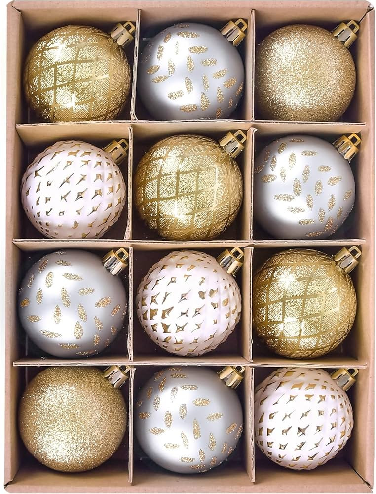 Beinhome 12pcs 60mm Christmas Ball Ornaments Set, White Silver and Gold Christmas Tree Ornaments ... | Amazon (US)