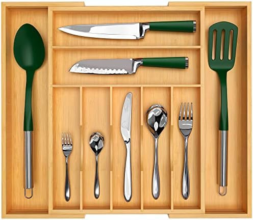 Luxury Bamboo Kitchen Drawer Organizer - Silverware Organizer - Utensil Holder and Cutlery Tray w... | Amazon (US)