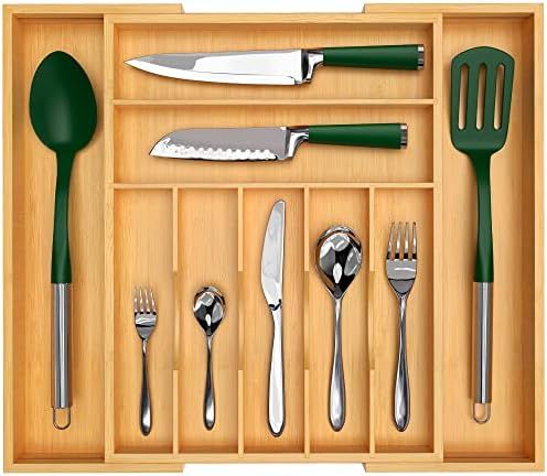 Luxury Bamboo Kitchen Drawer Organizer - Silverware Organizer - Utensil Holder and Cutlery Tray w... | Amazon (US)