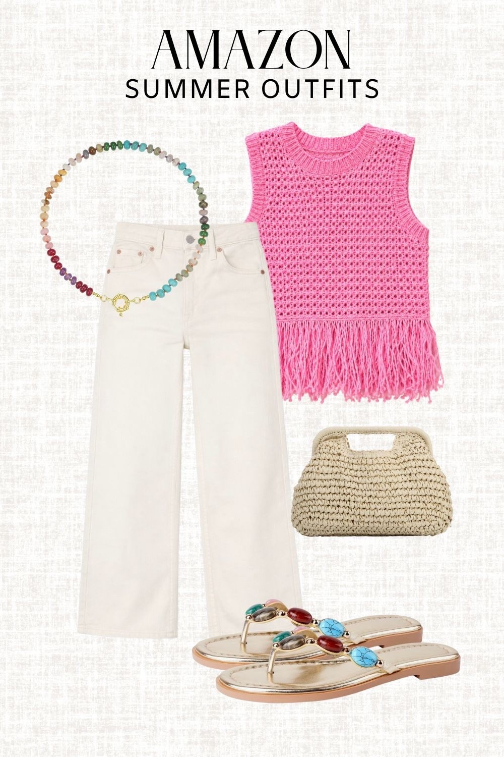 Pink crochet + cream denim = summer perfection 💗

Amazon summer outfit, pink crochet top, cream wide leg jeans, woven handbag, statement sandals, colorful jewelry, casual chic outfit, vacation outfit, summer fashion, resort wear, beach vacation style, Amazon fashion finds, elevated casual look, neutral denim outfit, trendy summer outfit, vacation style, everyday chic outfit, coastal style outfit

#LTKootd #LTKMidsize #LTKSeasonal