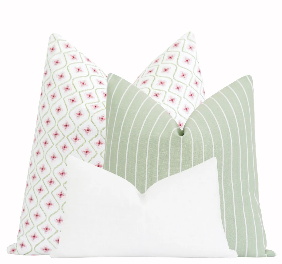 Pink Floral & Green Stripe Pillow Set White Linen Lumbar 3pc | Land of Pillows