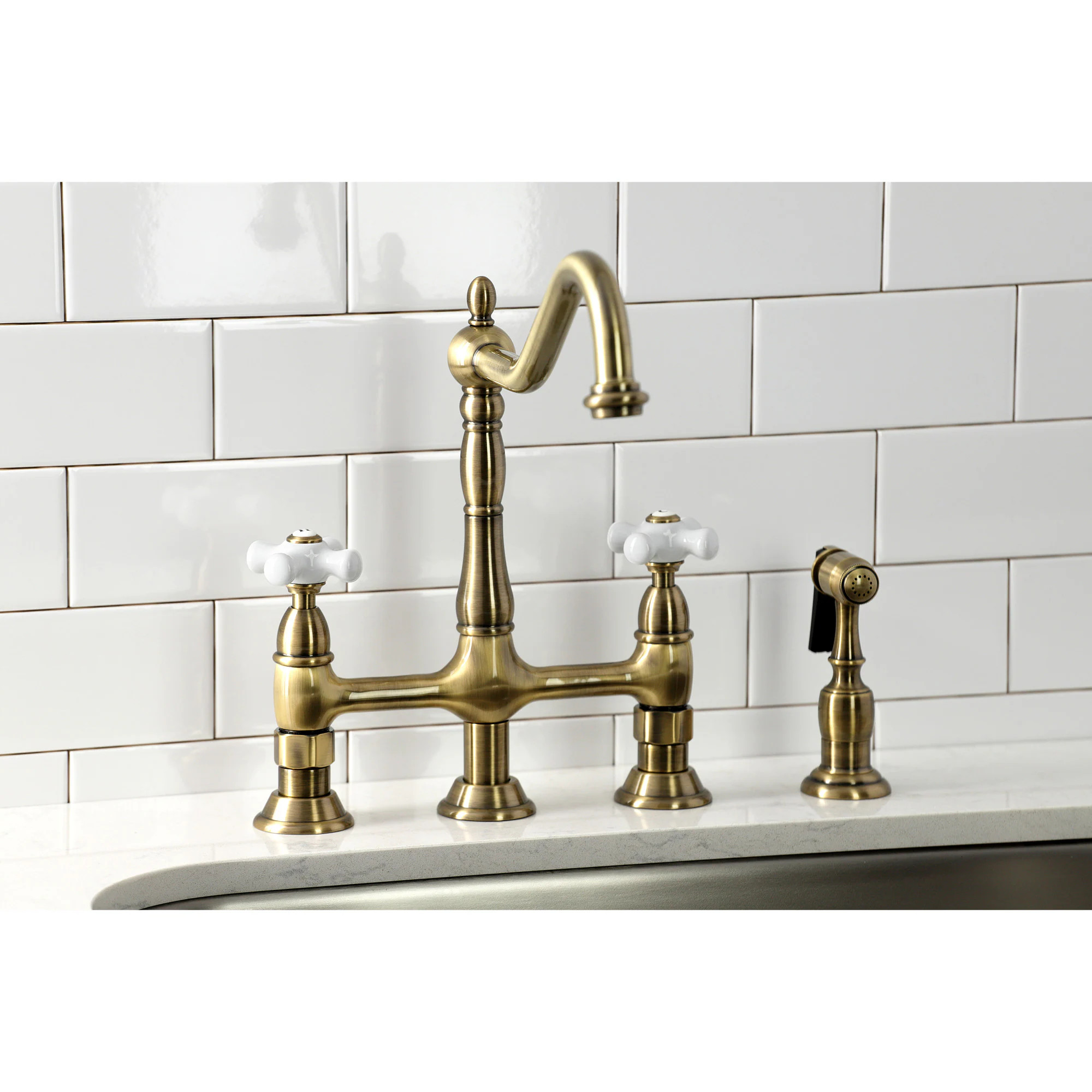 Kingston Brass Heritage Antique Brass Double Handle Deck-mount Bridge Kitchen Faucet (Includes Side Sprayer) | WLKS1273PXBS | Lowe's