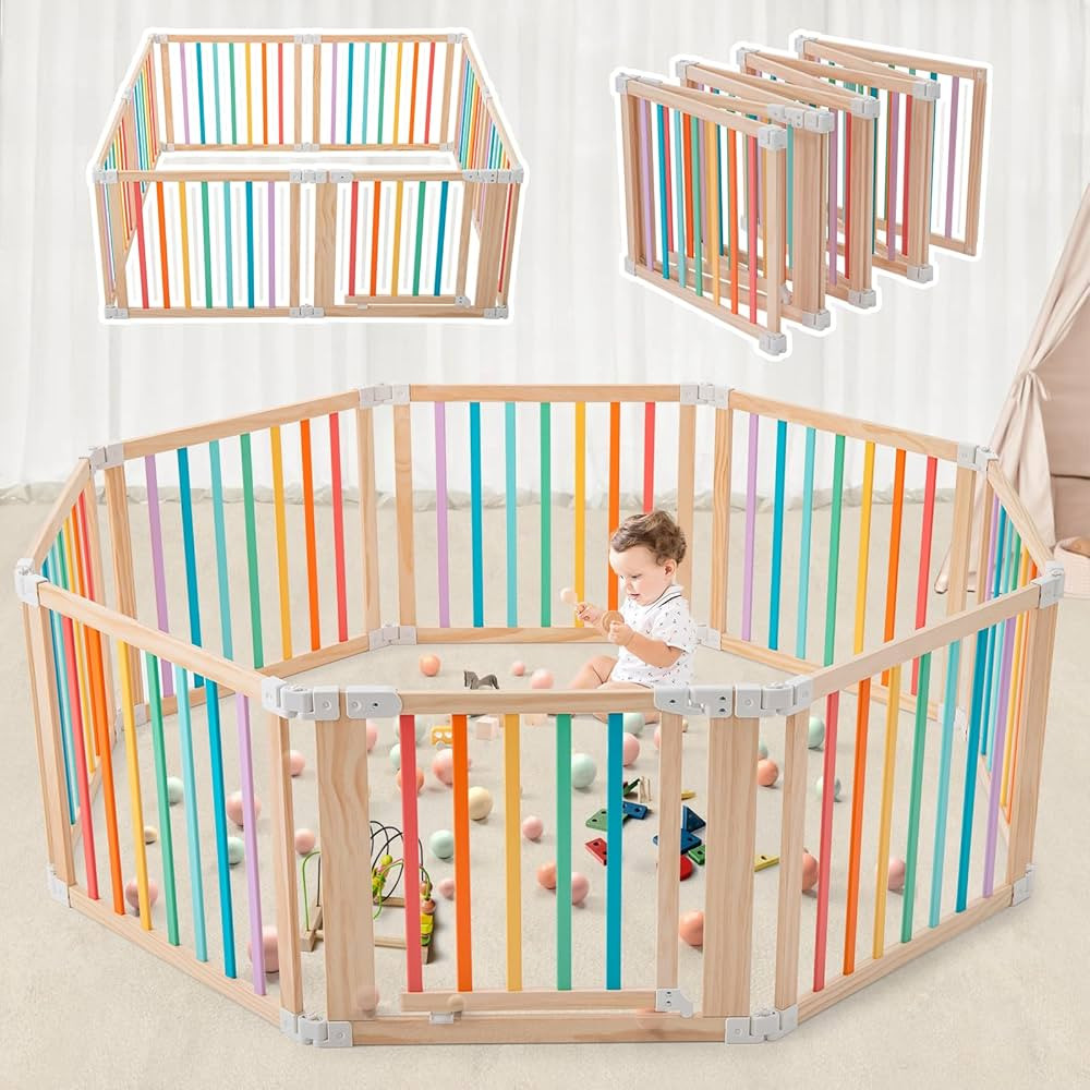 Foldable Wooden Playpen-61"x61"x25"-Large Baby Gate Playpen with Child-Proof Lock-Easy Assembly, ... | Amazon (US)