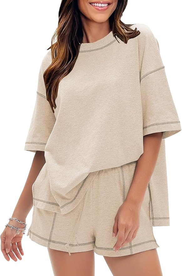 EXLURA Women's Casual Summer 2 Piece Sets 100% Cotton Short Sleeve Tshirt and Shorts Matching Swe... | Amazon (US)