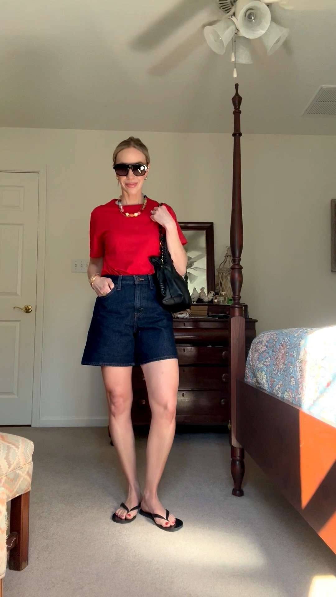 Casual summer outfit, red tee, @levi high rise baggy shorts, beaded necklace, @Madewell thong sandals

#LTKOver40 #LTKSeasonal #LTKootd