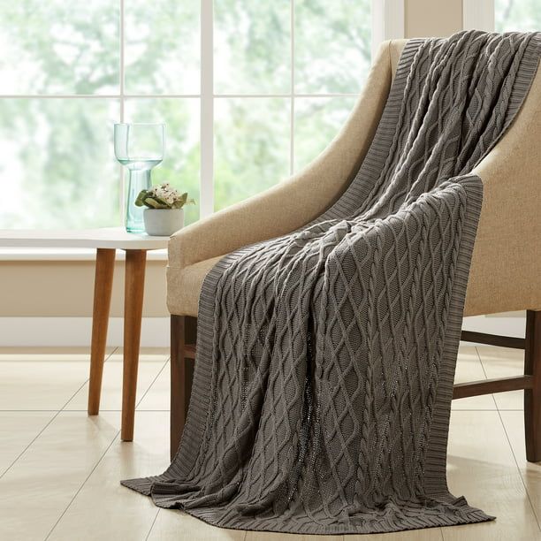 Amrapur Oversized Cable Knit Diamond 100% Cotton Throw Blanket, 50" x 70", Gray | Walmart (US)