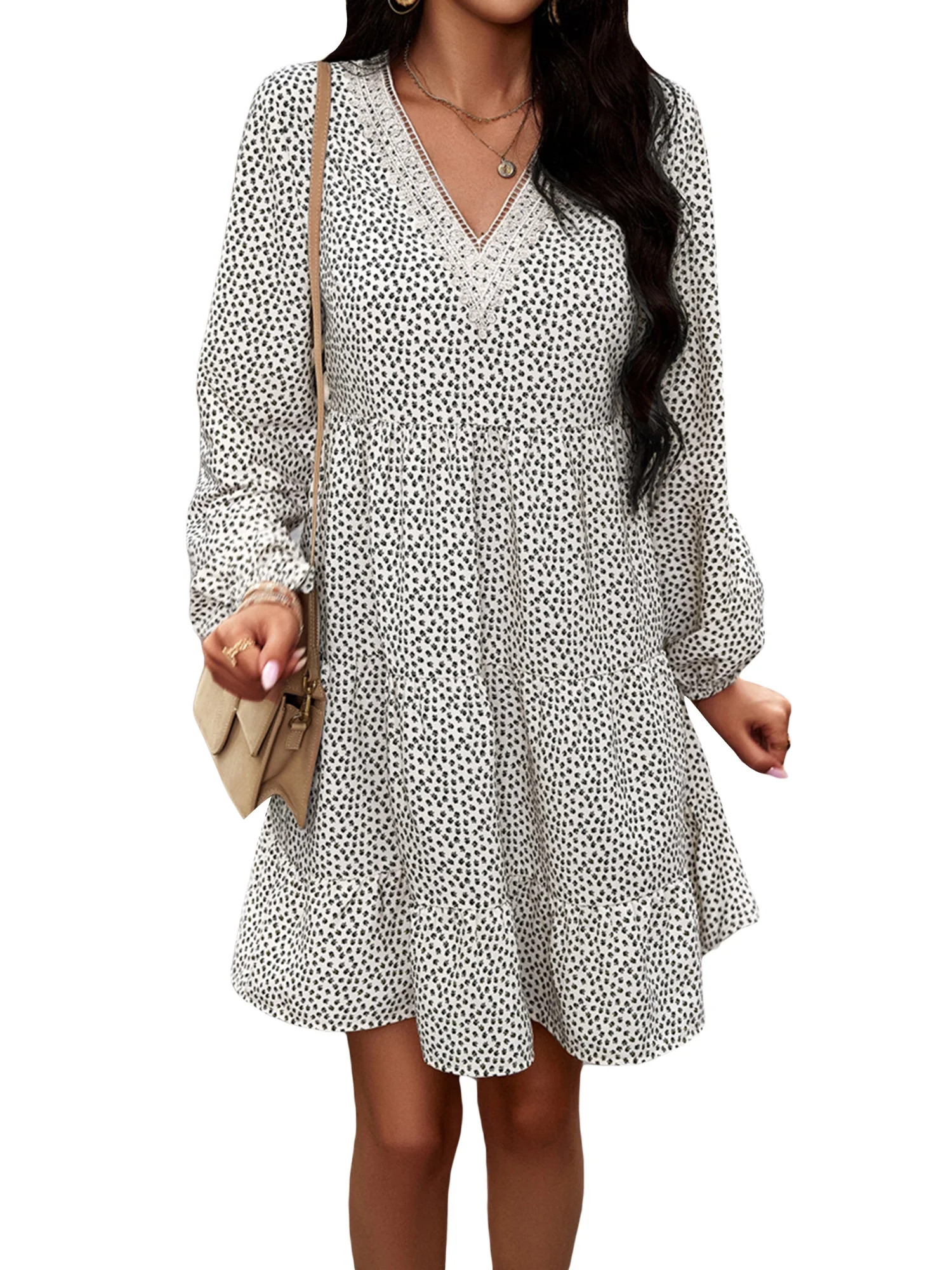 Sprifallbaby Womens Summer Retro Print Dress Long Sleeve V-Neck Loose High Waist Mini Dress with ... | Walmart (US)