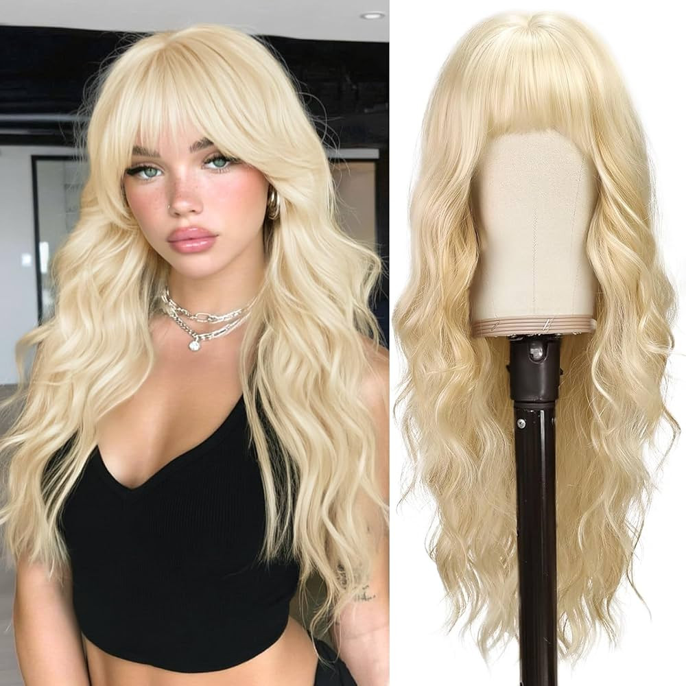 BARSDAR Long Wavy Blonde Wig With Bangs - 26 Inch Long Wavy Blonde Wig with Bangs for Women - Thi... | Amazon (US)