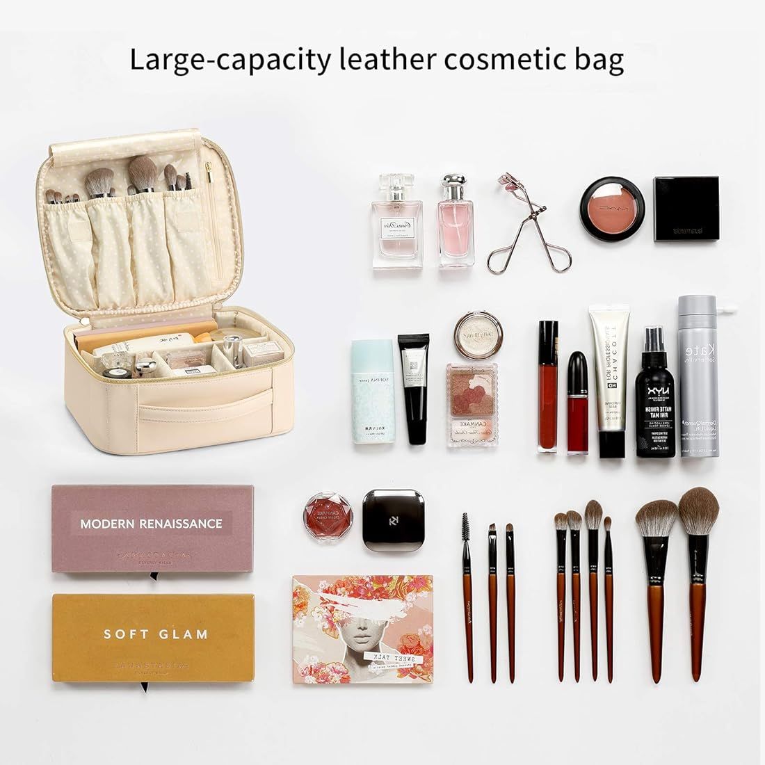 Travel Makeup Cosmetic Bag Leather Portable Make up Organizer with Adjustable Dividers for Cosmet... | Amazon (US)