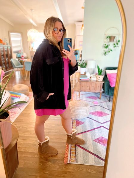 Finally got dressed today! I am doing mom stuff, organizing and working against deadlines so I wanted to be comfy. It’s warmer here but I still like being cozy so I had to had my comfy shacket and cozy slipper boots, lol!!! Love the hot pink mini dress. I’m in the XXL as an 18/20 5’8 it is too big on me, I think I’d like the XL better. 

#LTKunder50 #LTKcurves #LTKsalealert