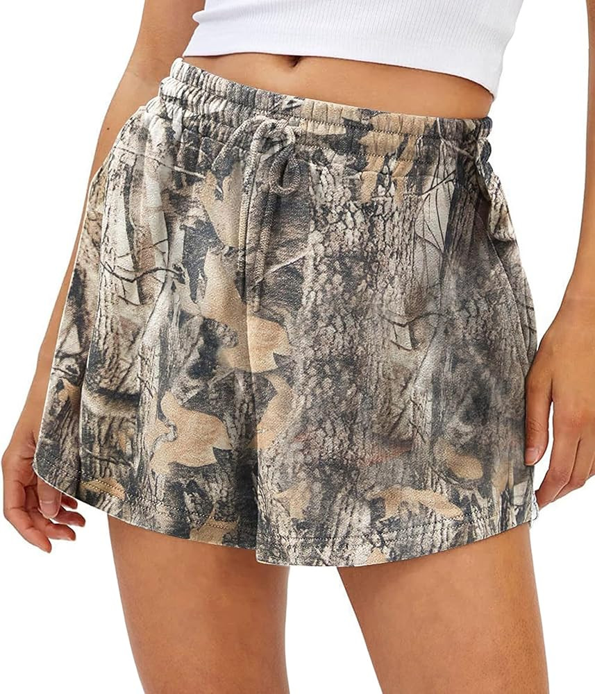 Camo Sweat Shorts for Women Drawstring Elastic Waist Maple Leaf Print Lounge Athletic Shorts with... | Amazon (US)