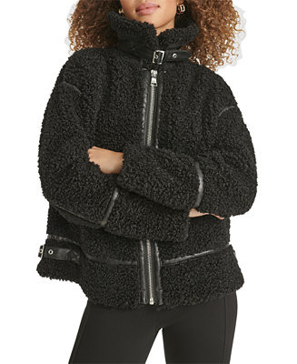Women's Faux-Leather-Trim Teddy Moto Coat | Macy's