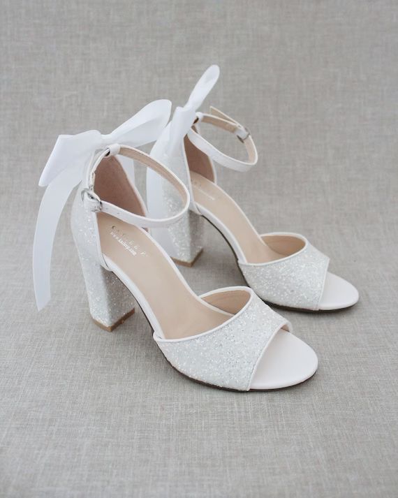 White Rock Glitter Block Heel Sandals With SATIN BACK BOW  | Etsy | Etsy (US)