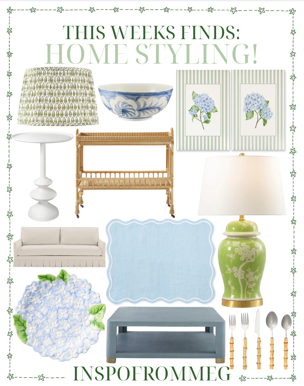 home decor finds, weekly home finds, home styling inspo, living room decor, bedroom decor, preppy home decor, coastal grandma style, grandmillennial style, traditional home decor, classic home style, blue and green decor, hydrangea decor, chinoiserie decor, cottage style decor, light and airy home, neutral home decor, feminine home decor, chic home styling, coffee table decor, side table styling, console table decor, rattan furniture, wicker furniture, woven textures, natural materials home, lamp styling, green lamp, patterned lampshade, table lamp decor, wall art ideas, gallery wall, framed art prints, botanical prints, striped decor, decorative bowl, ceramic bowl decor, serving ware aesthetic, flatware set, bamboo flatware, entertaining essentials, sofa styling, upholstered sofa, scalloped decor, accent table, modern coffee table, target home, amazon finds, ballard designs, wayfair home, pottery barn style, affordable home decor, LTK home 

 

#LTKOver40 #LTKHome #LTKSaleAlert