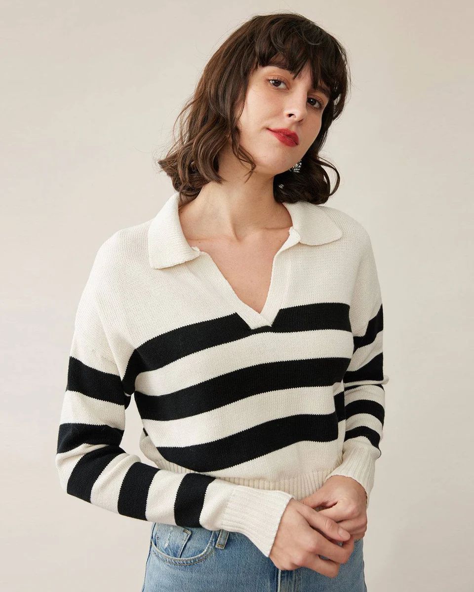 The Stripe Notched Collar Sweater - Black & White Women's Striped Collar Sweater – RIHOAS | rihoas.com