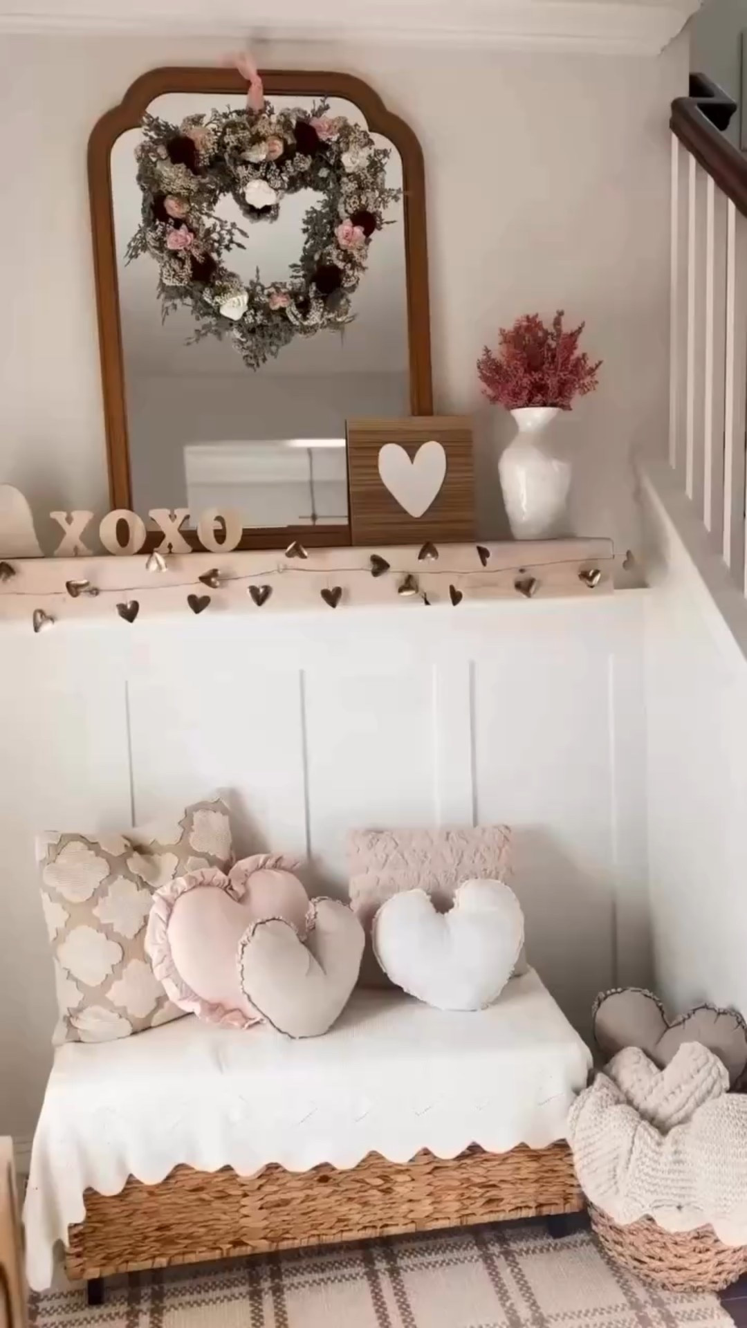 Valentines day entryway 
Heart pillows 
Heart garland