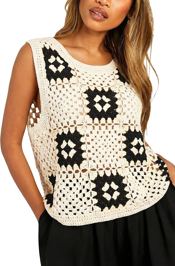 Allimy Womens Patchwork Hollow Out Checkered Crewneck Crochet Knit Tanks Tops Sleeveless Tanks To... | Amazon (US)