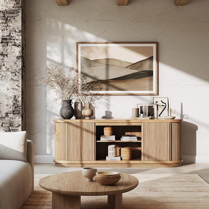 BELLEZE 67" Fluted TV Stand, Curved Entertainment Center with Sliding Tambour Doors, Media Consol... | Amazon (US)