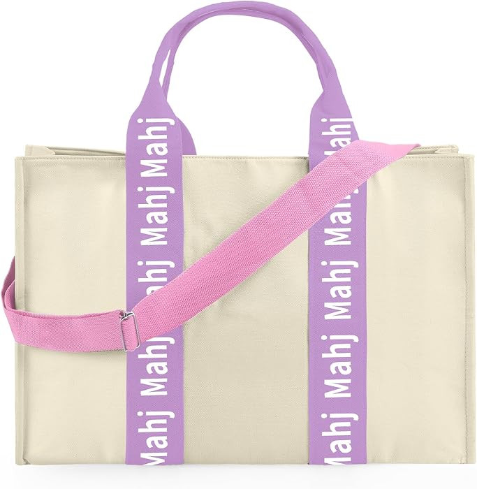 Empty Mahjong Bag for Tiles 22x15x6 Inches Thickened Canvas Mahjong Carrying Tote Bag with Lining and Thicker Handle for Enthusiasts Women or Men Party Supplies, Case Only(White and Purple) | Amazon (US)
