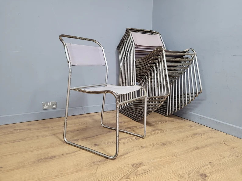 Mid Century Pel Cox Industrial Style Tubular Metal & Fabric Stacking Chairs - Etsy UK | Etsy (UK)