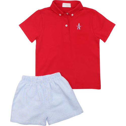 Red And Blue Seersucker Polo Short Set | Cecil and Lou