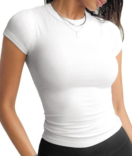 Womens Slim-Fit Tops High Neck Short Sleeve Tee Summer Casual Basic Ribbed T-Shirts (X-Small, White) | Amazon (US)