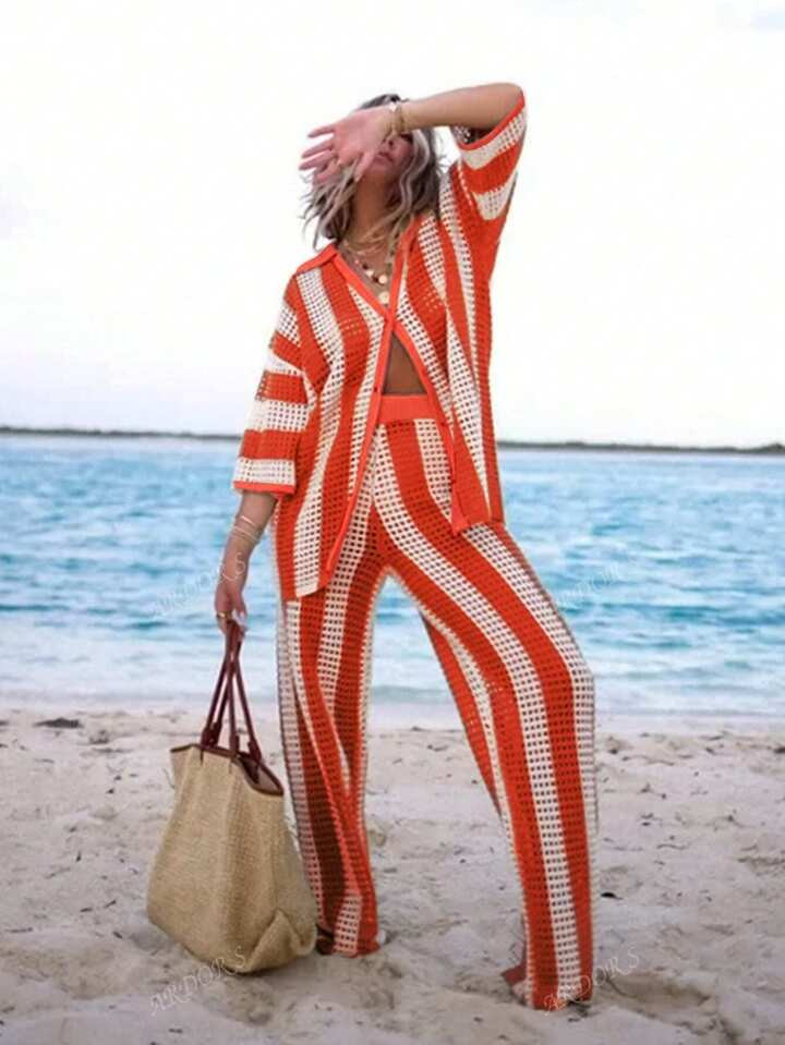 Holiday Wear Summer Fashion Casual Vacation Seaside Beach Elegant Stripes Color Clashing Oversized Buttons Comfortable Cardigan Sweater Lapel Casual Design Hollowed Out Short Sleeve Pants Women's Knit Two Pieces Suit | SHEIN