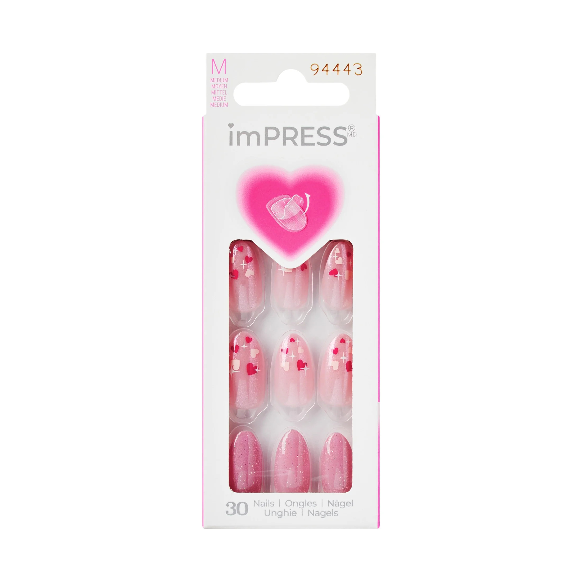 KISS imPRESS Design Valentine's Day Press on Nails, Much Love, Pink, Medium Almond, 30 Count | Walmart (US)