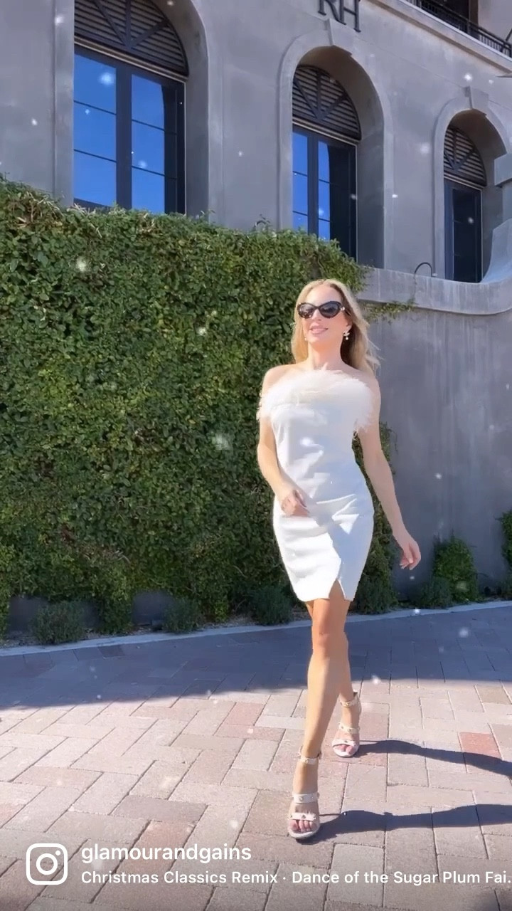 White Christmas party dress, white holiday party dress, white cocktail dress, white feather dress. This white mini dress also comes in hot pink. White party shoes. Chanel sunglasses. 

#LTKstyletip #LTKHoliday #LTKSeasonal
