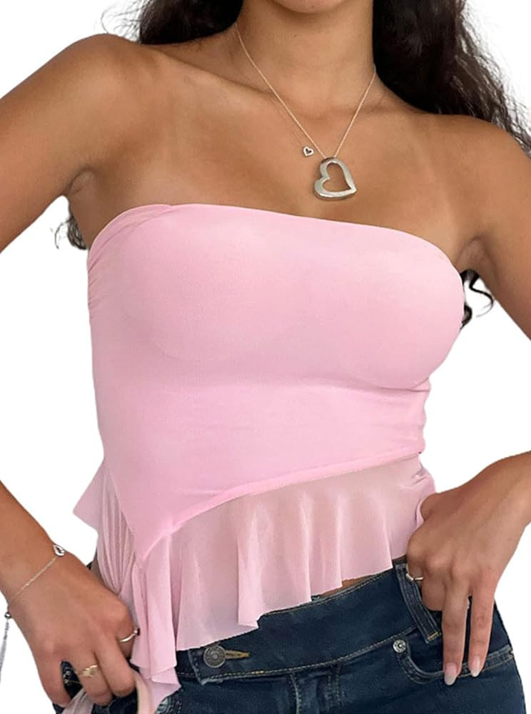 Remidoo Women's Ruffle Asymmetrical Hem Crop Tops Sexy Sheer Mesh Strapless Tube Top | Amazon (US)
