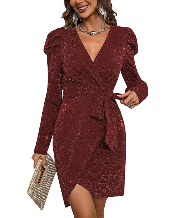 Sparkly Women's Elegant Deep V Neck High Waist Wrap Long Sleeve Mini Dress with Bow Belt Party Cl... | Amazon (US)