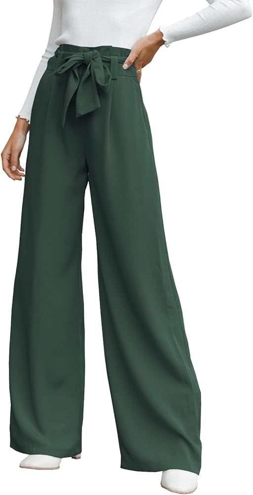 Womens High Waist Pants Business Casual Wide Leg Pants Solid Color Straight Leg Trousers | Amazon (US)
