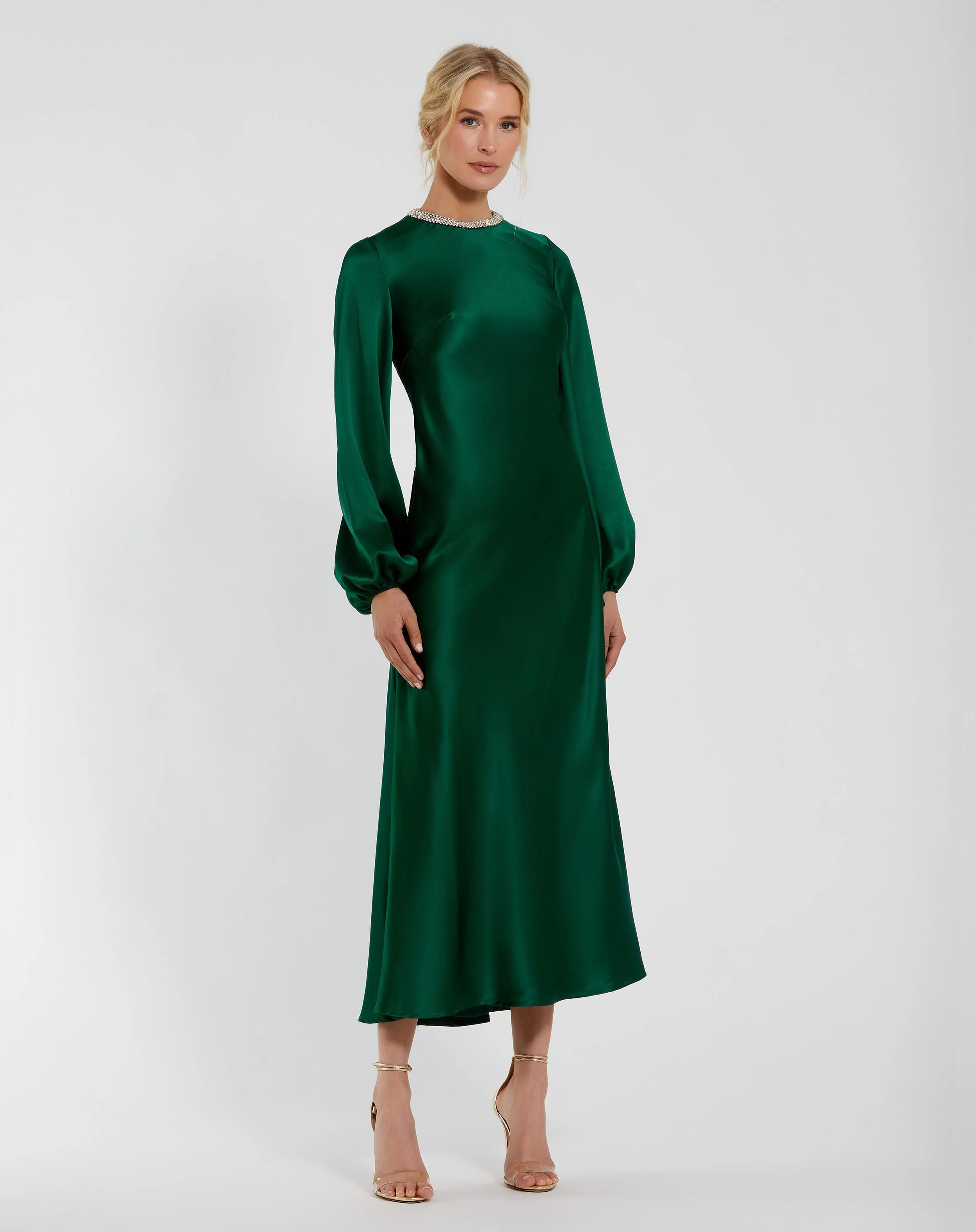 Green High Neck Long Sleeve Crystal Detail Dress - Mac Duggal | Mac Duggal