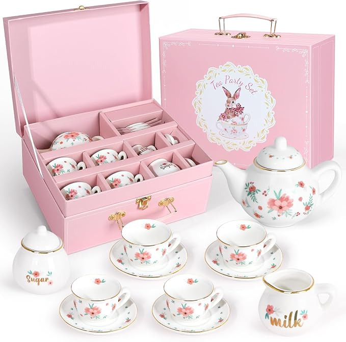 Porcelain Tea Set for Girls, Tea Party Set for Little Girls, Kids Tea Set Kitchen Pretend Play, P... | Amazon (US)