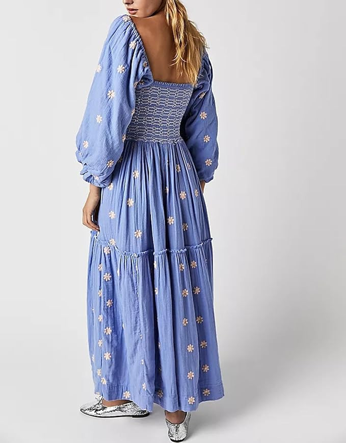 Chloefairy Women's Flower Embroidered Maxi Dress Lantern Sleeve Square Neck Tiered Flowy Spring F... | Amazon (US)