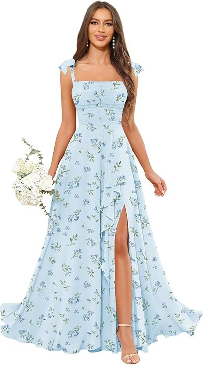 Chiffon Ruffle Bridesmaid Dresses 2025 with Slit Square Neck Bow Straps Long Formal Evening Gown ... | Amazon (US)