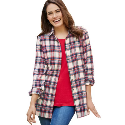 Woman Within Classic Flannel Shirt - L, Ivory Multi Plaid | Target