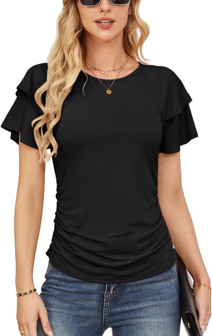 GRACE KARIN Women's 2024 Summer Tops Ruffle Sleeve Basic T Shirts Dressy Casual Ruched Work Blous... | Amazon (US)