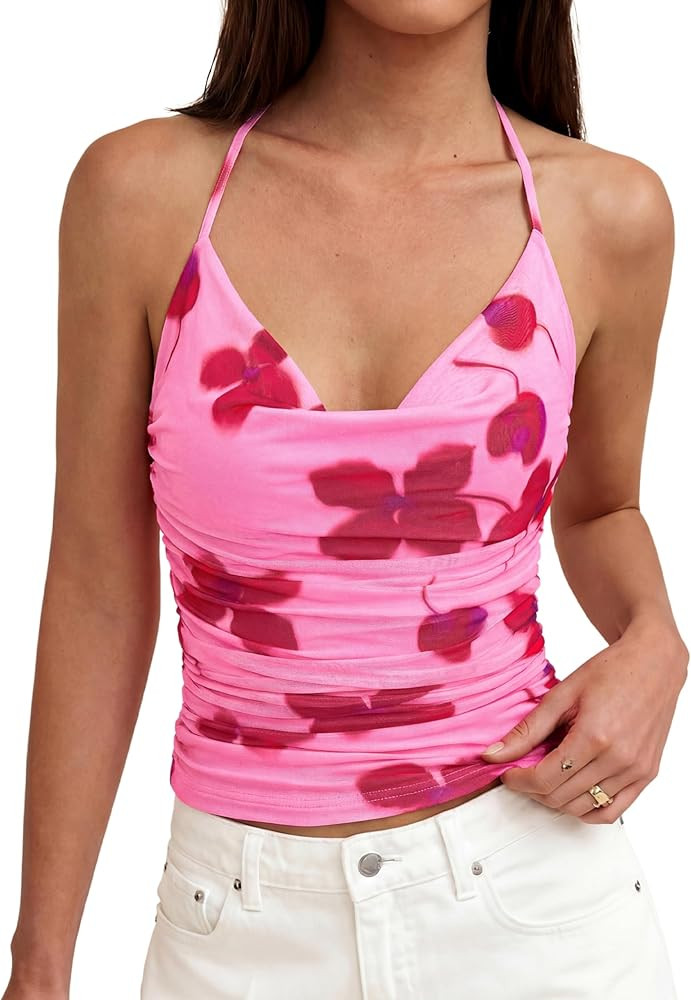MASCOMODA Summer Floral Cowl Neck Halter Tops for Women Trendy Going Out Boho Mesh Backless Cute ... | Amazon (US)
