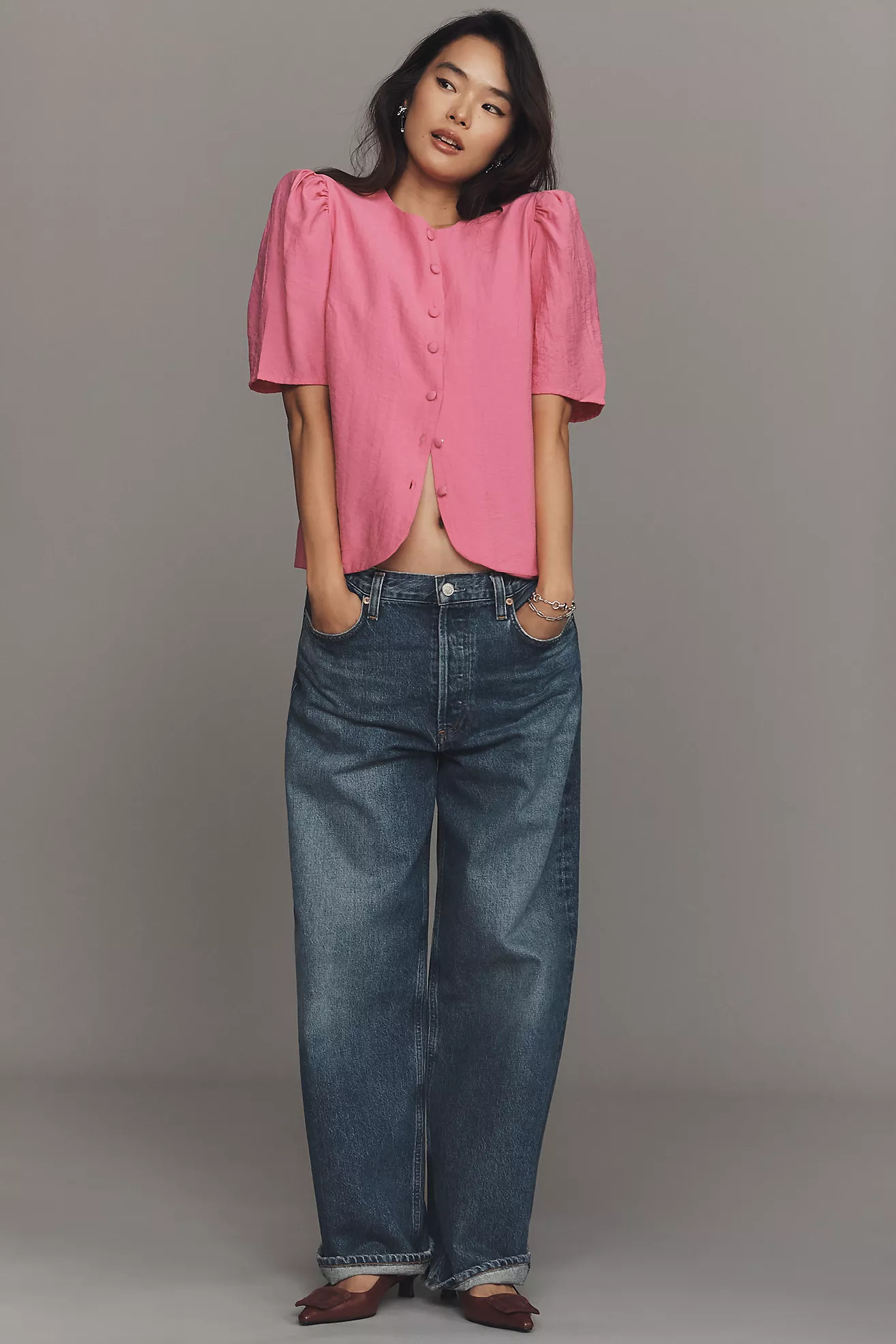 Maeve Puff-Sleeve Button-Front Top | Anthropologie (US)