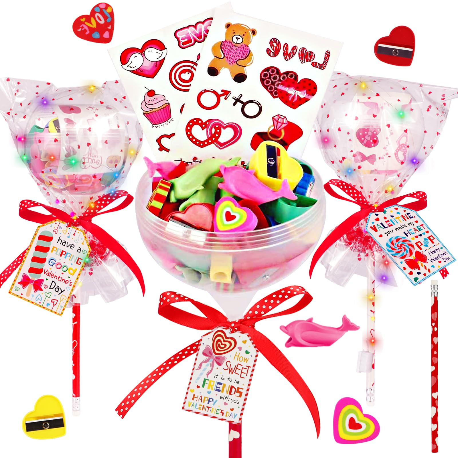 Valentines Day Gifts for Kids - 24 Pack Flashing Giant Lollipop-Shaped Stationery Set with Valent... | Amazon (US)