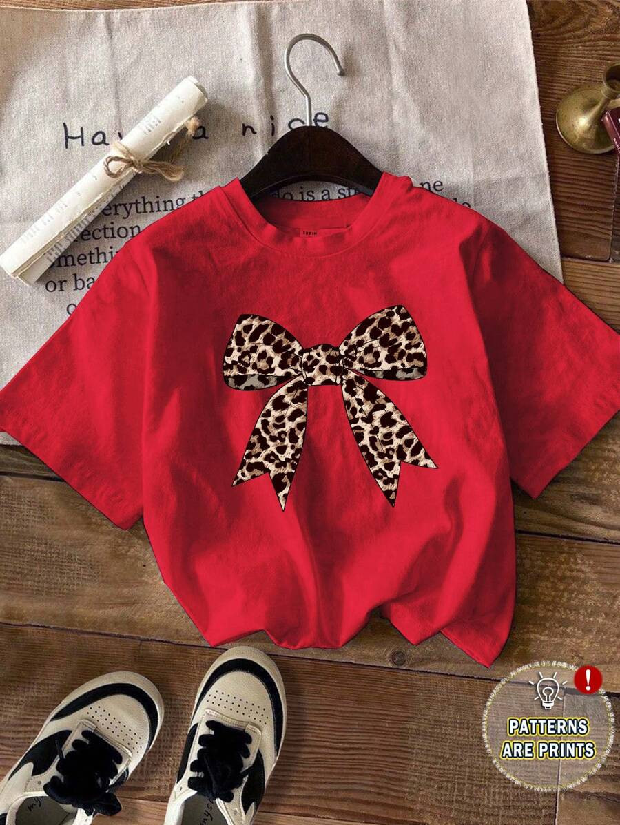 SHEIN Young Girl Leopard Bow Print Tee | SHEIN