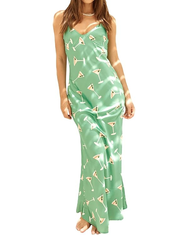 Women Cute Tapas Fruit Maxi Dress Spaghetti Strap Floral Midi Slip Dress Backless Sundress | Amazon (US)