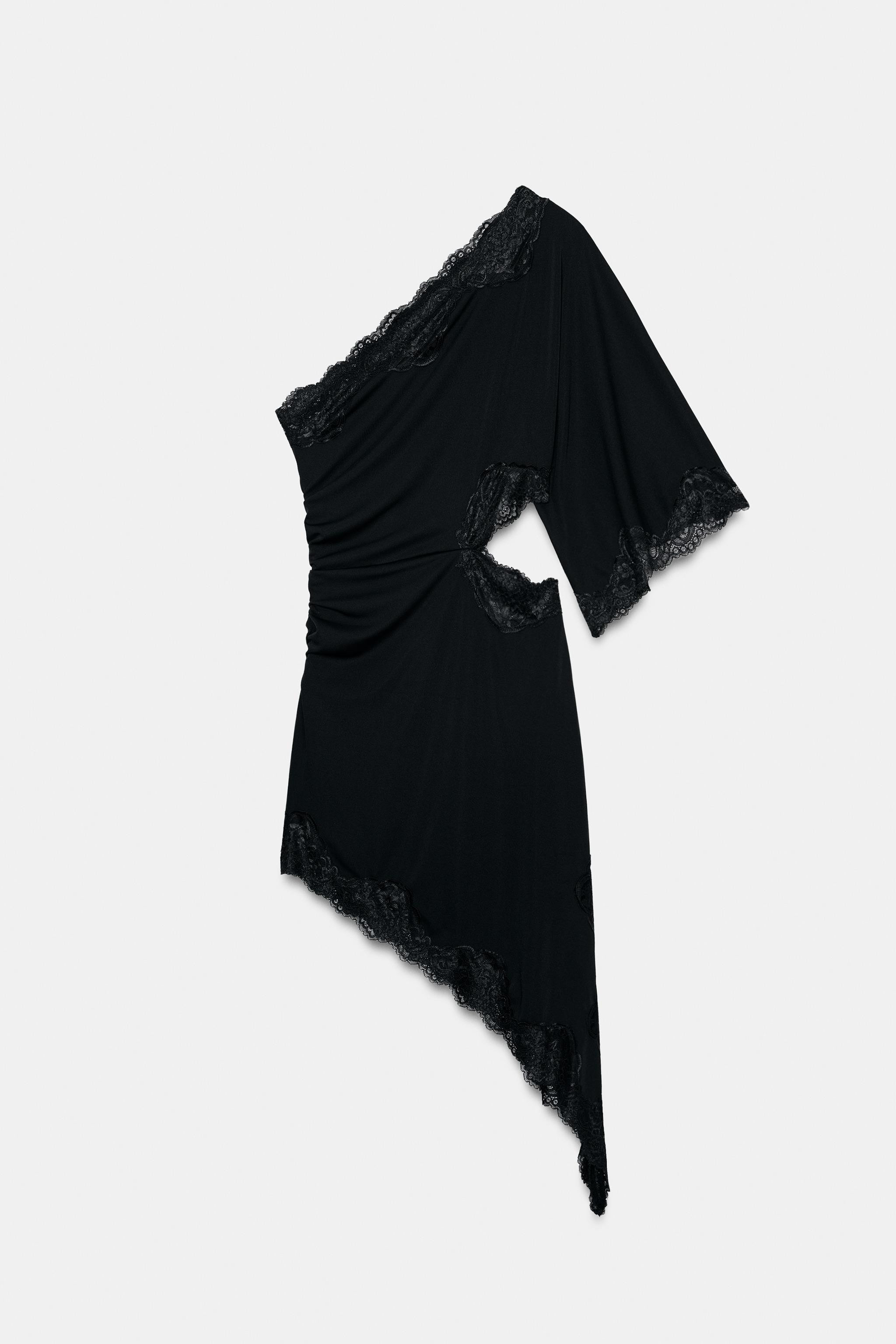 Dress with an asymmetrical neckline and elbow-length sleeves. Features matching lace appliqu\u00e... | Zara US
