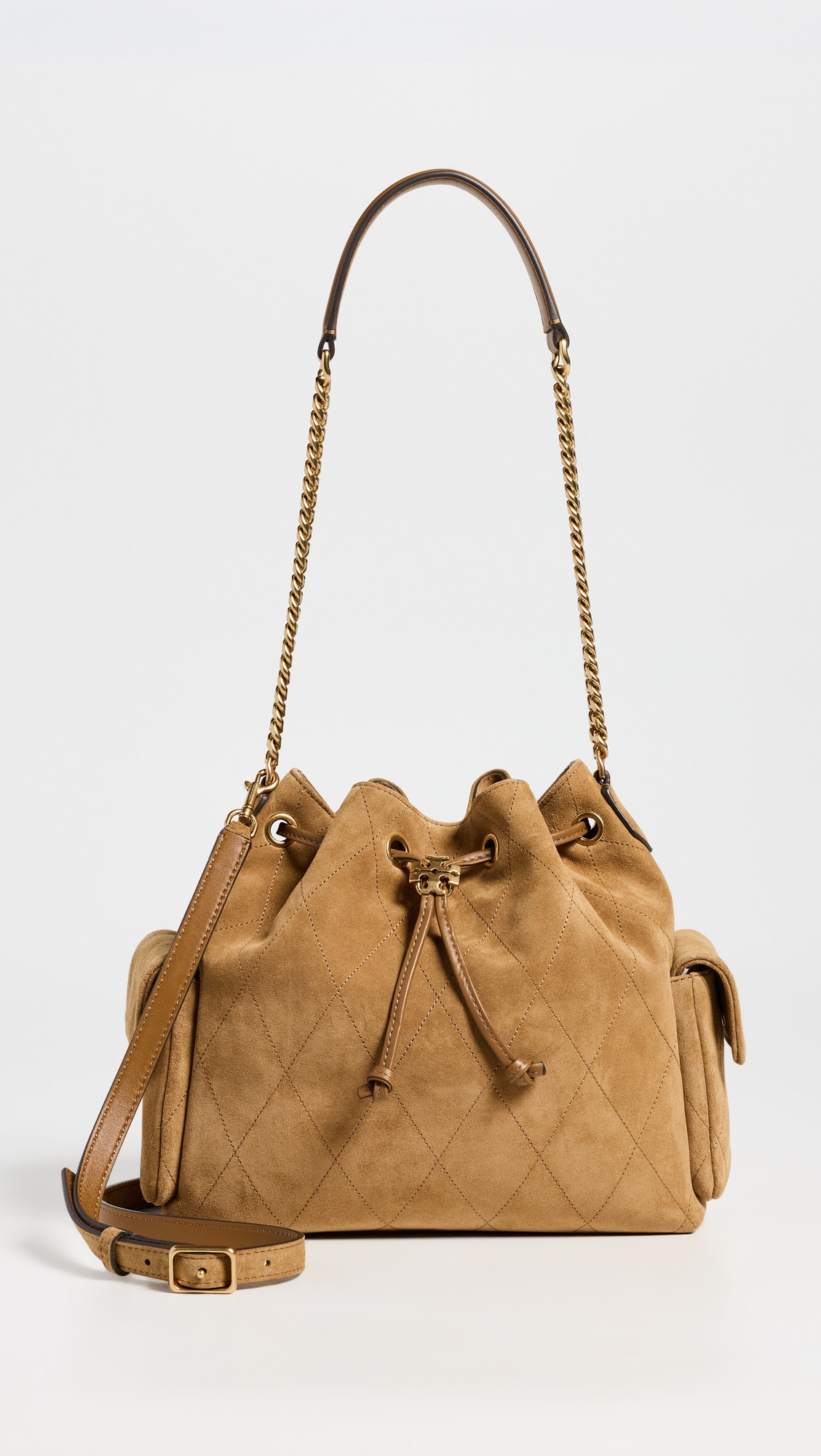 Tory Burch Charlie Quilted Suede Drawstring Shoulder Bag Toffee One Size | Shopbop